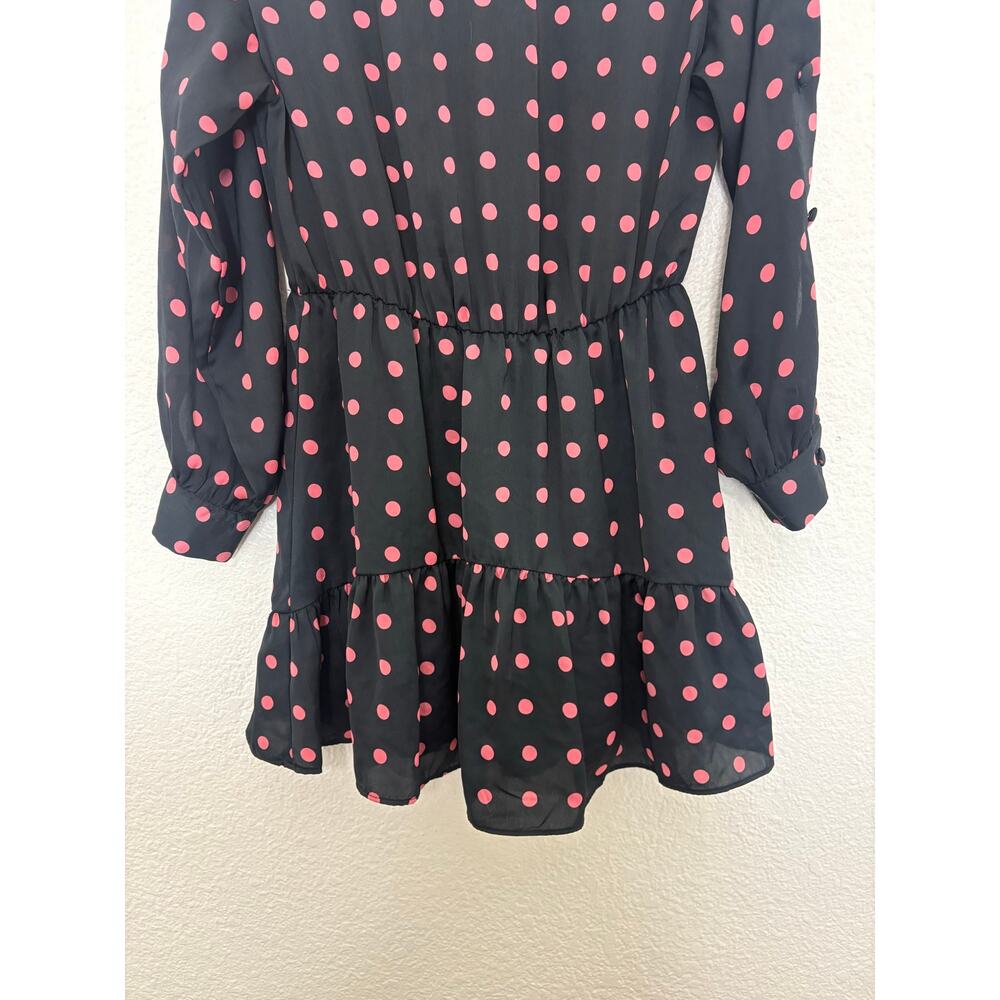 Zara Black Pink Polka Dot Long Sleeve Mini Dress Size XS Asymmetrical Button - Picture 10 of 14